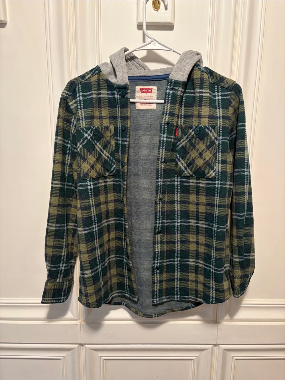 Levi's Green and Navy Plaid Hooded Flannel Shirt